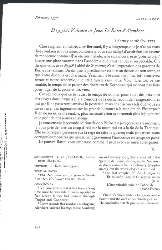 Lettre de Voltaire à D'Alembert, 26 février 1775 Lettre de Voltaire à D'Alembert, 26 février 1775