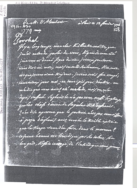 Lettre de D'Alembert à Voltaire, 12 février 1774 Lettre de D'Alembert à Voltaire, 12 février 1774