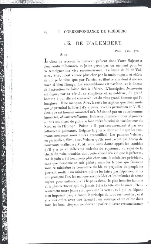 Lettre de D'Alembert à Frédéric II, 17 mai 1775 Lettre de D'Alembert à Frédéric II, 17 mai 1775