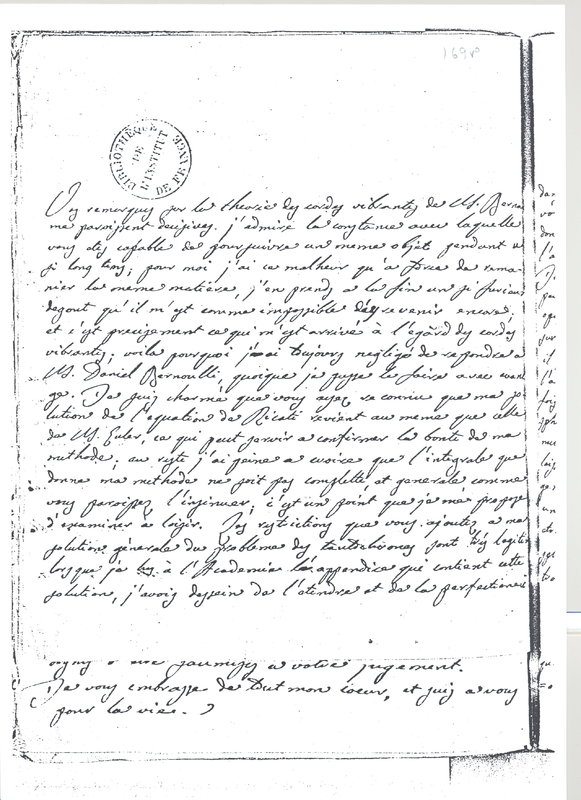 Lettre de Lagrange à D'Alembert, 15 juillet 1769 Lettre de Lagrange à D'Alembert, 15 juillet 1769