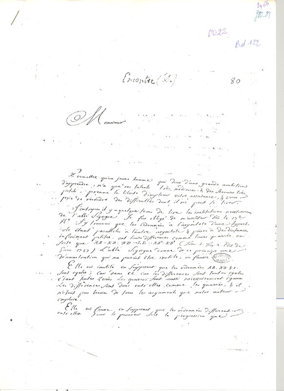 Lettre de Encontre à D'Alembert, 1780 Lettre de Encontre à D'Alembert, 1780