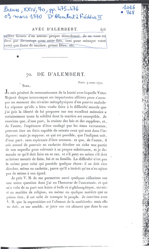 Lettre de D'Alembert à Frédéric II, 9 mars 1770 Lettre de D'Alembert à Frédéric II, 9 mars 1770