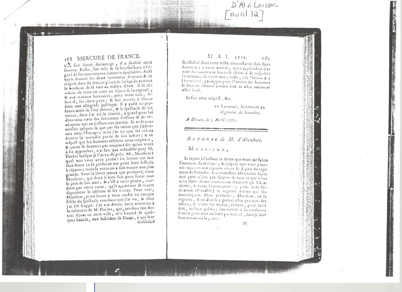 Lettre de D'Alembert à Laissac, avril 1772 Lettre de D'Alembert à Laissac, avril 1772