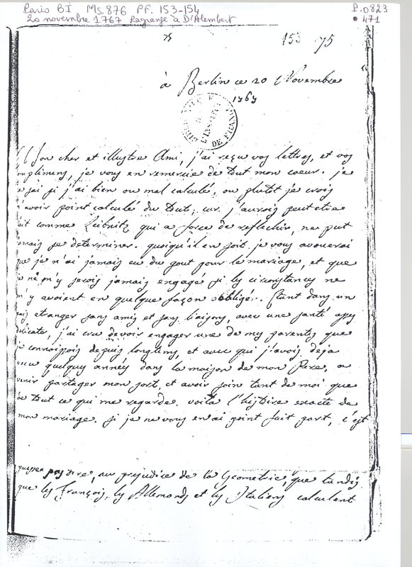 Lettre de Lagrange à D'Alembert, 20 novembre 1767 Lettre de Lagrange à D'Alembert, 20 novembre 1767