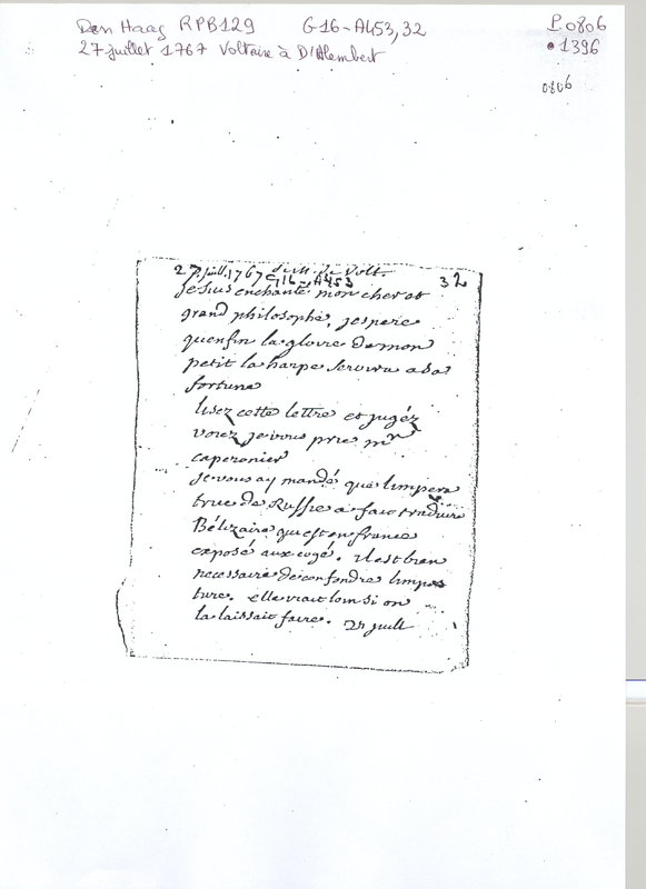 Lettre de Voltaire à D'Alembert, 27 juillet 1767 Lettre de Voltaire à D'Alembert, 27 juillet 1767