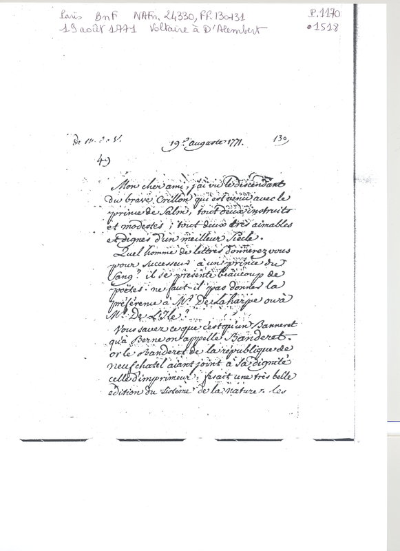 Lettre de Voltaire à D'Alembert, 19 août 1771 Lettre de Voltaire à D'Alembert, 19 août 1771