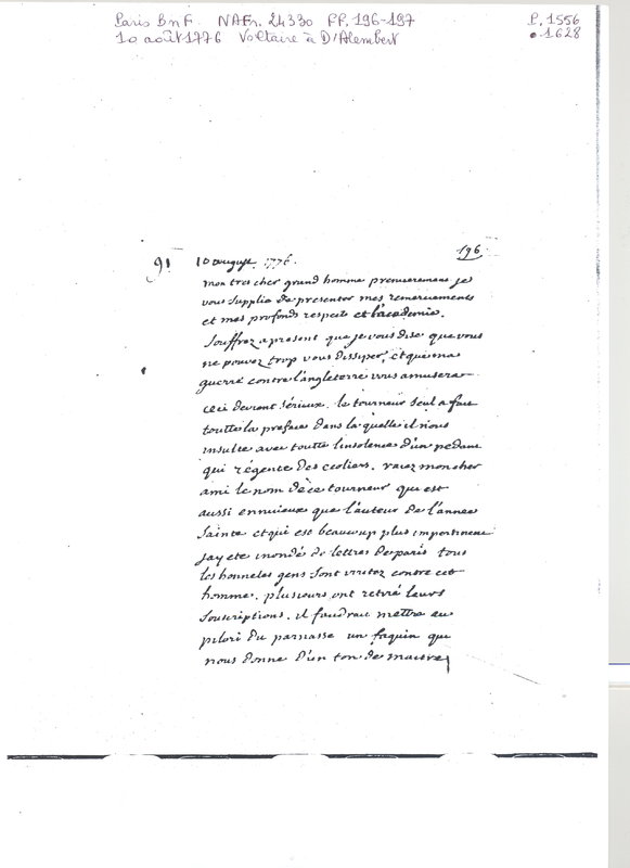 Lettre de Voltaire à D'Alembert, 10 août 1776 Lettre de Voltaire à D'Alembert, 10 août 1776