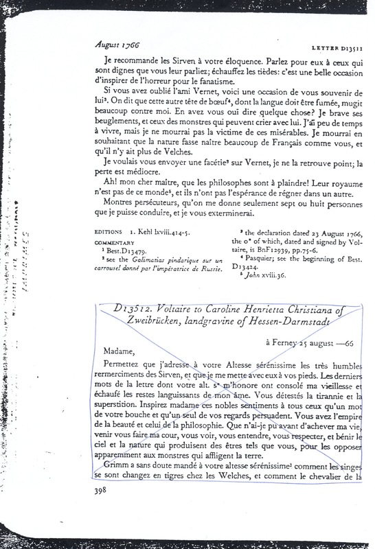 Lettre de Voltaire à D'Alembert, 25 août 1766 Lettre de Voltaire à D'Alembert, 25 août 1766