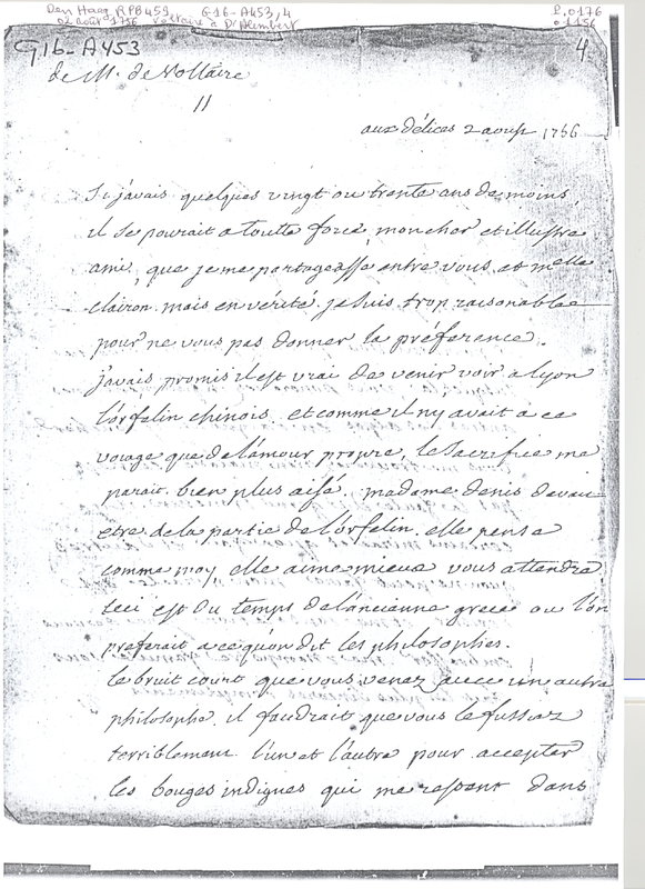 Lettre de Voltaire à D'Alembert, 2 août 1756 Lettre de Voltaire à D'Alembert, 2 août 1756