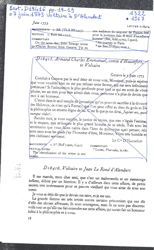 Lettre de Voltaire à D'Alembert, 7 juin 1773 Lettre de Voltaire à D'Alembert, 7 juin 1773