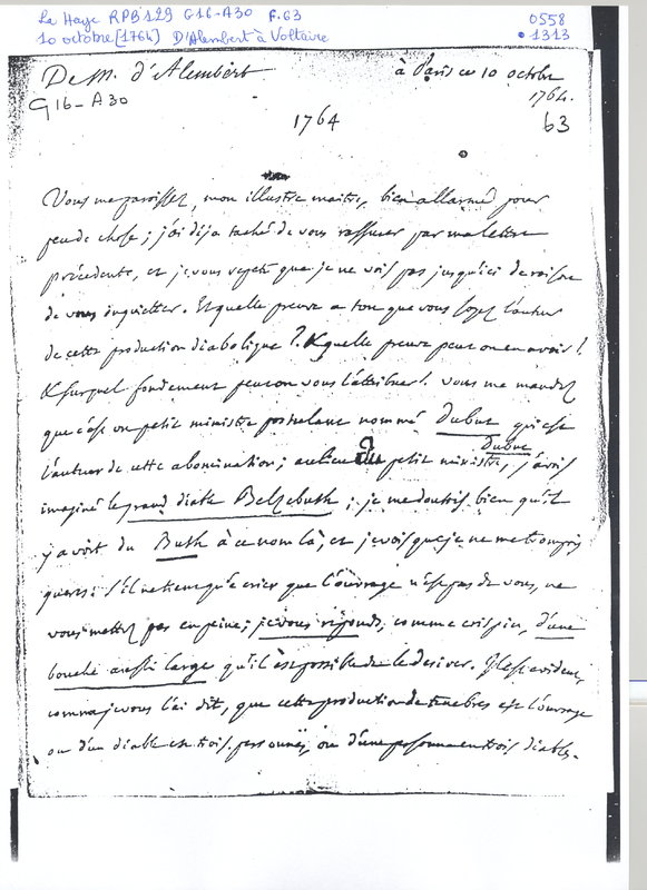 Lettre de D'Alembert à Voltaire, 10 octobre 1764