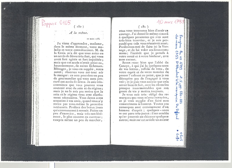 Lettre de D'Alembert à Mme Du Deffand (Vichy Chamron), 10 mars 1753