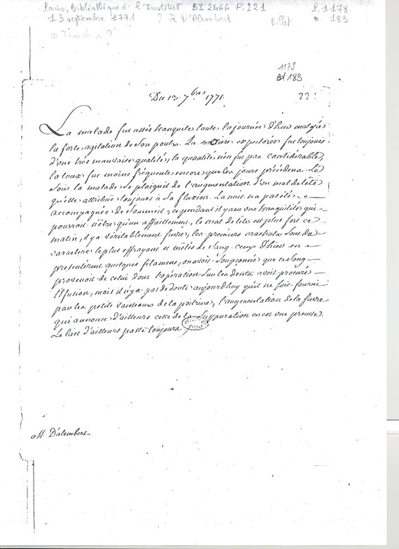 Lettre de Un médecin à D'Alembert, 13 septembre 1771 Lettre de Un médecin à D'Alembert, 13 septembre 1771