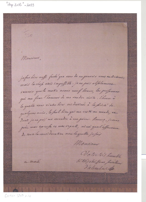 Lettre de D'Alembert à Non identifié, 22 février 1780 Lettre de D'Alembert à Non identifié, 22 février 1780