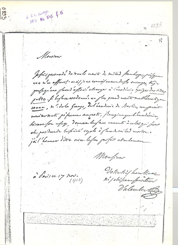 Lettre de D'Alembert à Lesage Georges Louis, 17 novembre 1768 Lettre de D'Alembert à Lesage Georges Louis, 17 novembre 1768