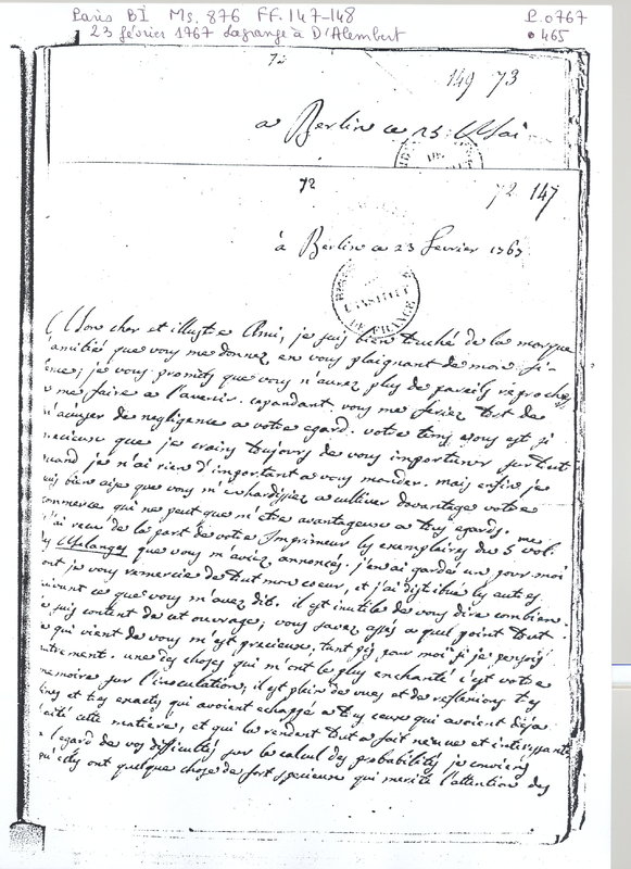 Lettre de Lagrange à D'Alembert, 23 février 1767 Lettre de Lagrange à D'Alembert, 23 février 1767