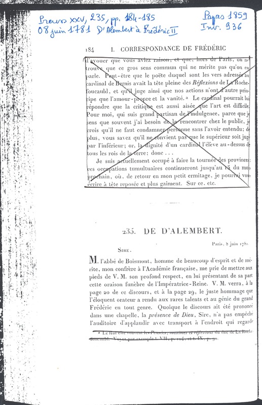 Lettre de D'Alembert à Frédéric II, 8 juin 1781 Lettre de D'Alembert à Frédéric II, 8 juin 1781