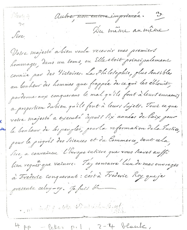 Lettre de D'Alembert à Frédéric II, février 1754 Lettre de D'Alembert à Frédéric II, février 1754