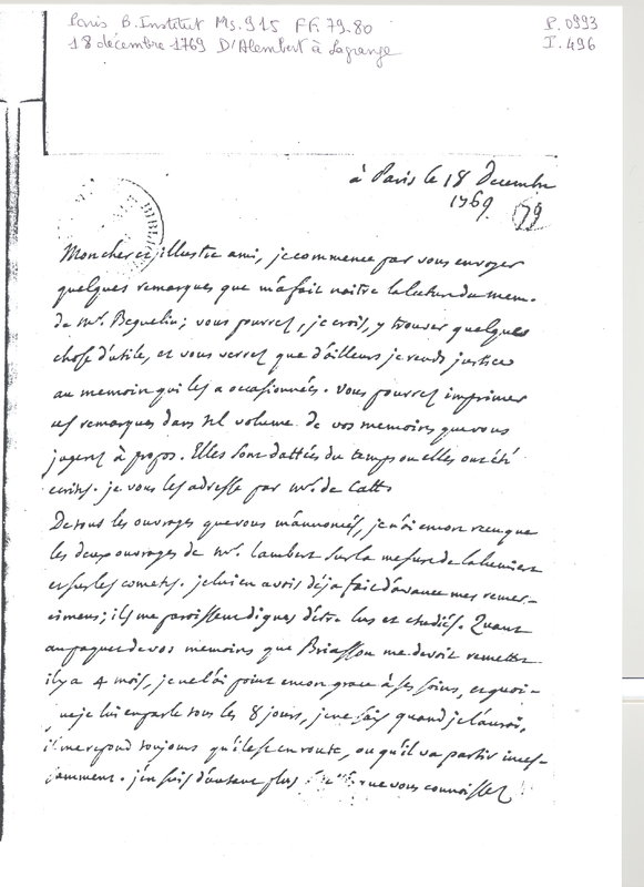 Lettre de D'Alembert à Lagrange, 18 décembre 1769 Lettre de D'Alembert à Lagrange, 18 décembre 1769