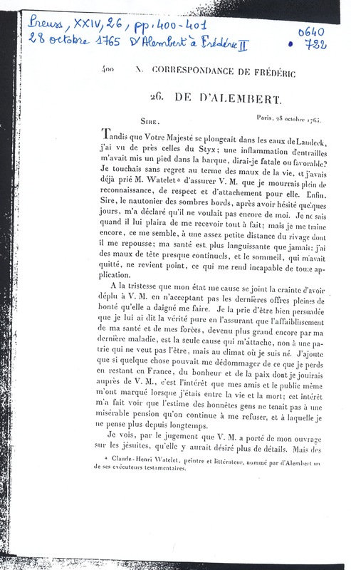 Lettre de D'Alembert à Frédéric II, 28 octobre 1765 Lettre de D'Alembert à Frédéric II, 28 octobre 1765