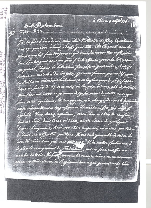 Lettre de D'Alembert à Voltaire, 4 août 1776 Lettre de D'Alembert à Voltaire, 4 août 1776