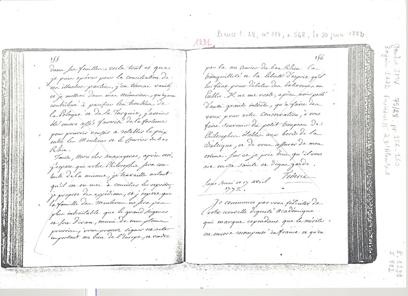 Lettre de Frédéric II à D'Alembert, 30 juin 1772 Lettre de Frédéric II à D'Alembert, 30 juin 1772