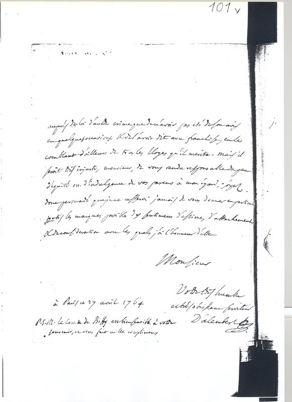 Lettre de D'Alembert à Bernoulli Jean (III), 27 avril 1764