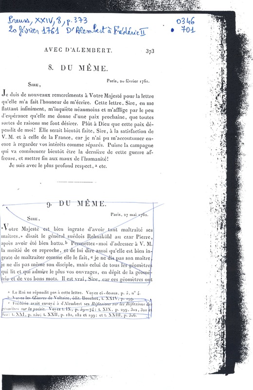 Lettre de D'Alembert à Frédéric II, 20 février 1761 Lettre de D'Alembert à Frédéric II, 20 février 1761