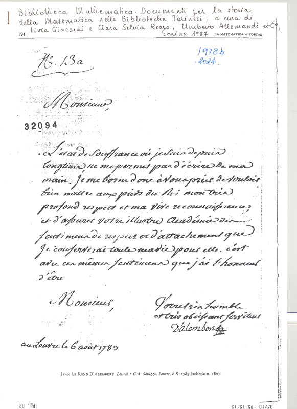 Lettre de D'Alembert à Saluces, 6 août 1783 Lettre de D'Alembert à Saluces, 6 août 1783