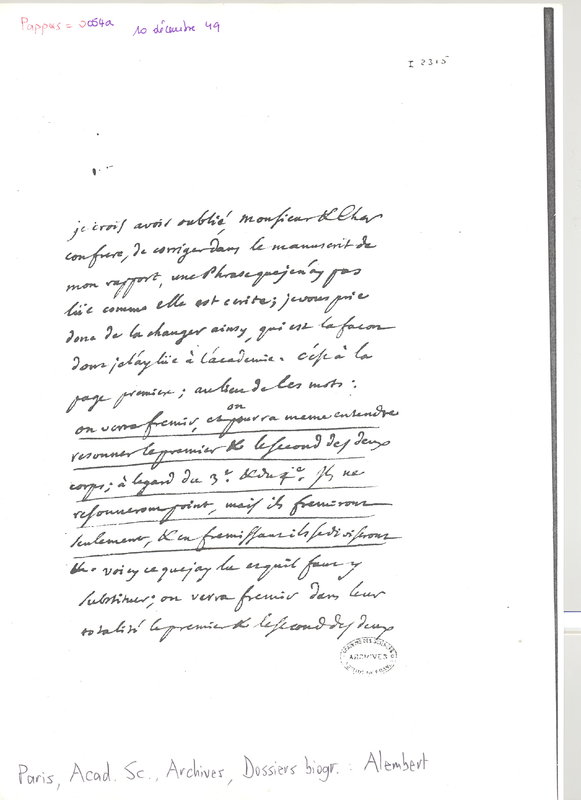 Lettre de D'Alembert à Grandjean de Fouchy, 10 décembre 1749 Lettre de D'Alembert à Grandjean de Fouchy, 10 décembre 1749