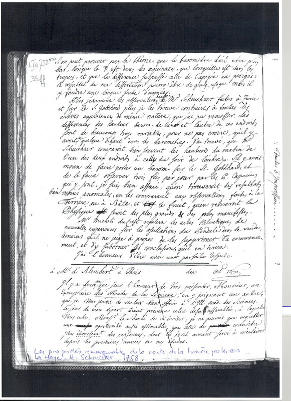 Lettre de Lambert Jean Henri à D'Alembert, octobre 1760 Lettre de Lambert Jean Henri à D'Alembert, octobre 1760