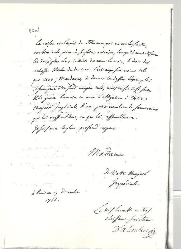 Lettre de D'Alembert à Catherine II, 15 décembre 1766 Lettre de D'Alembert à Catherine II, 15 décembre 1766