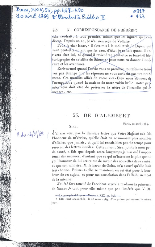 Lettre de D'Alembert à Frédéric II, 10 avril 1769 Lettre de D'Alembert à Frédéric II, 10 avril 1769