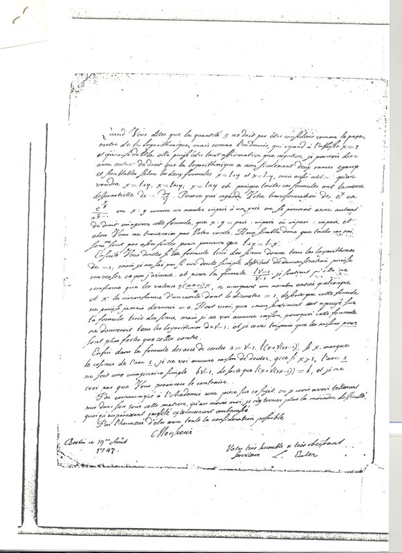 Lettre de Euler Leonhard à D'Alembert, 19 août 1747 Lettre de Euler Leonhard à D'Alembert, 19 août 1747