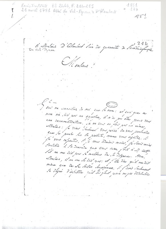 Lettre de Duval Pyrau à D'Alembert, 21 avril 1781 Lettre de Duval Pyrau à D'Alembert, 21 avril 1781