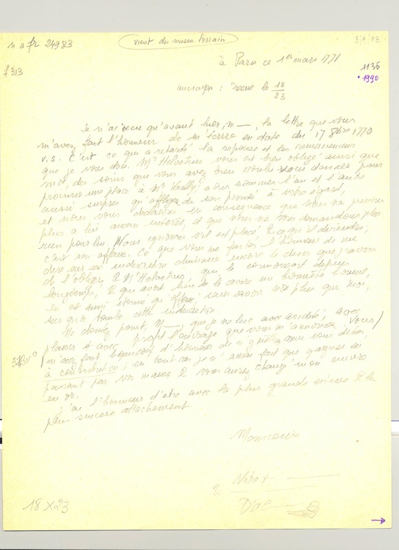 Lettre de D'Alembert à Falconet, 1er mars 1771 Lettre de D'Alembert à Falconet, 1er mars 1771