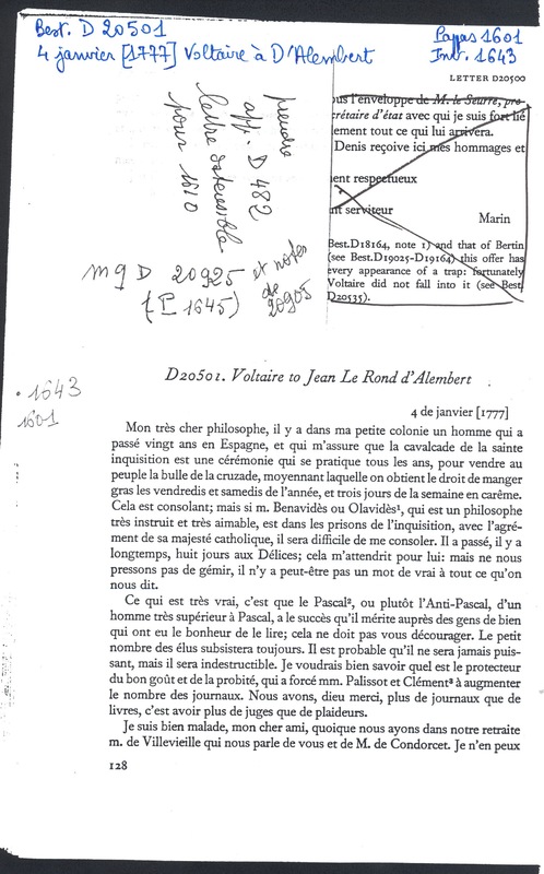 Lettre de Voltaire à D'Alembert, 4 janvier 1777 Lettre de Voltaire à D'Alembert, 4 janvier 1777