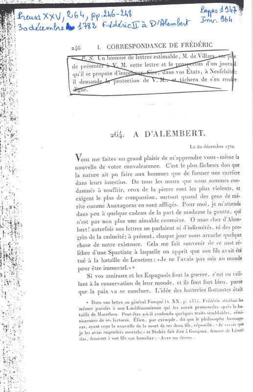 Lettre de Frédéric II à D'Alembert, 30 décembre 1782 Lettre de Frédéric II à D'Alembert, 30 décembre 1782