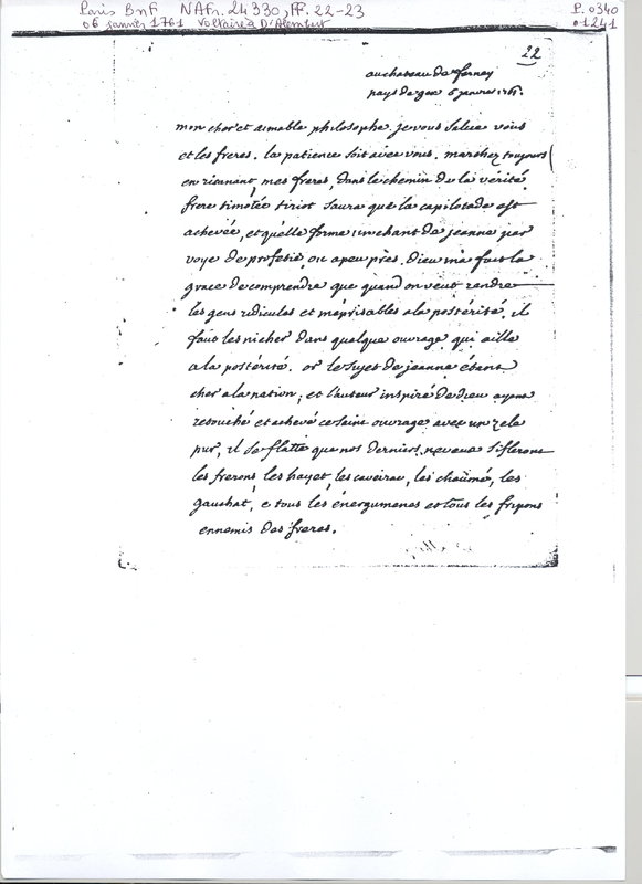 Lettre de Voltaire à D'Alembert, 6 janvier 1761 Lettre de Voltaire à D'Alembert, 6 janvier 1761