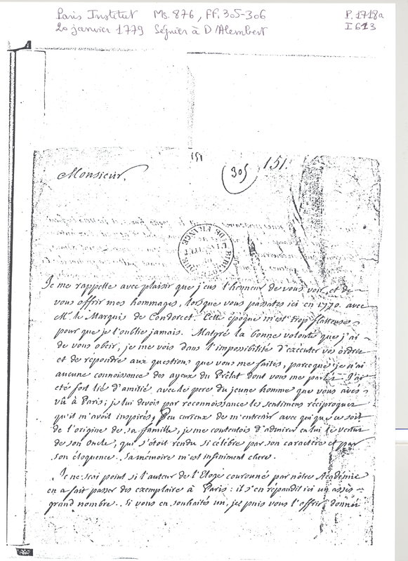 Lettre de Seguier à D'Alembert, 20 janvier 1779 Lettre de Seguier à D'Alembert, 20 janvier 1779