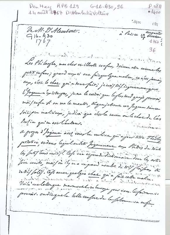 Lettre de D'Alembert à Voltaire, 14 août 1767 Lettre de D'Alembert à Voltaire, 14 août 1767