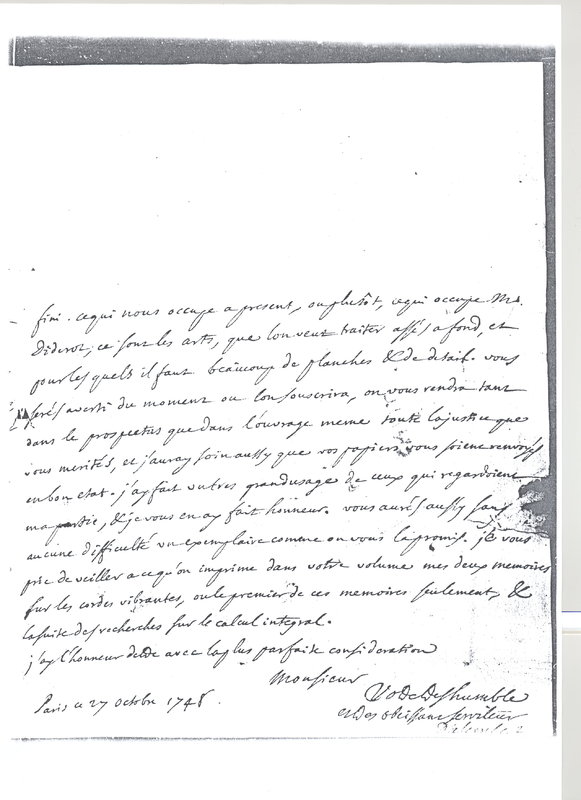 Lettre de D'Alembert à Formey, 27 octobre 1748 Lettre de D'Alembert à Formey, 27 octobre 1748