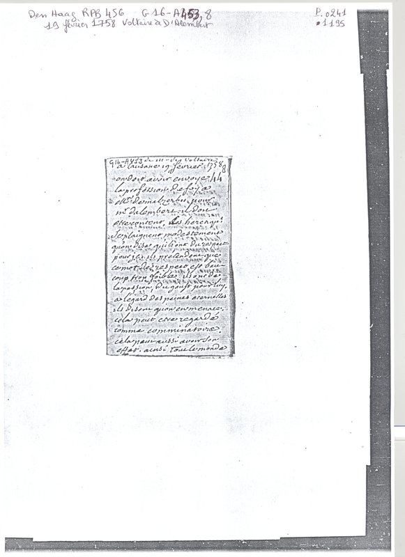 Lettre de Voltaire à D'Alembert, 19 février 1758 Lettre de Voltaire à D'Alembert, 19 février 1758