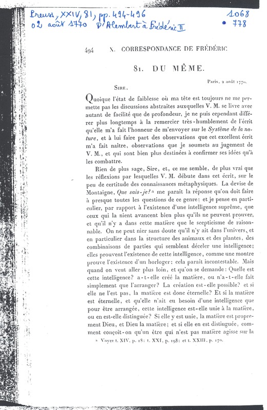 Lettre de D'Alembert à Frédéric II, 2 août 1770 Lettre de D'Alembert à Frédéric II, 2 août 1770