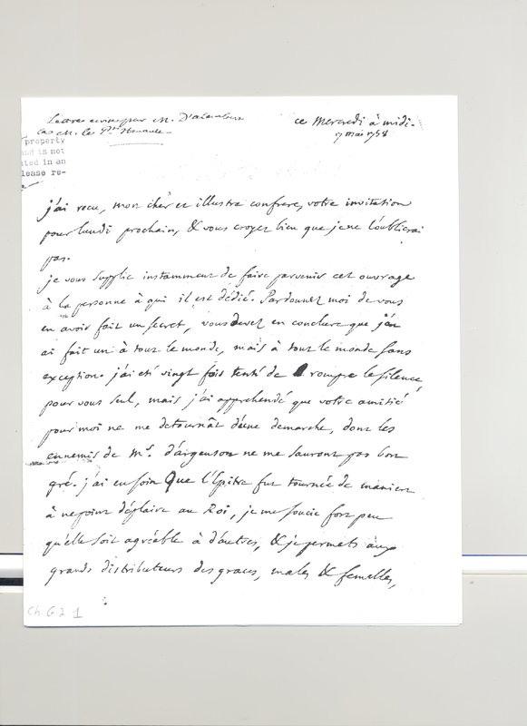 Lettre de D'Alembert à Henault, 17 mai 1758 Lettre de D'Alembert à Henault, 17 mai 1758