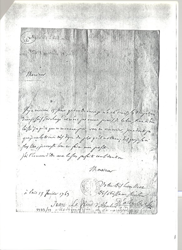 Lettre de D'Alembert à Lesage Georges Louis, 15 janvier 1763 Lettre de D'Alembert à Lesage Georges Louis, 15 janvier 1763