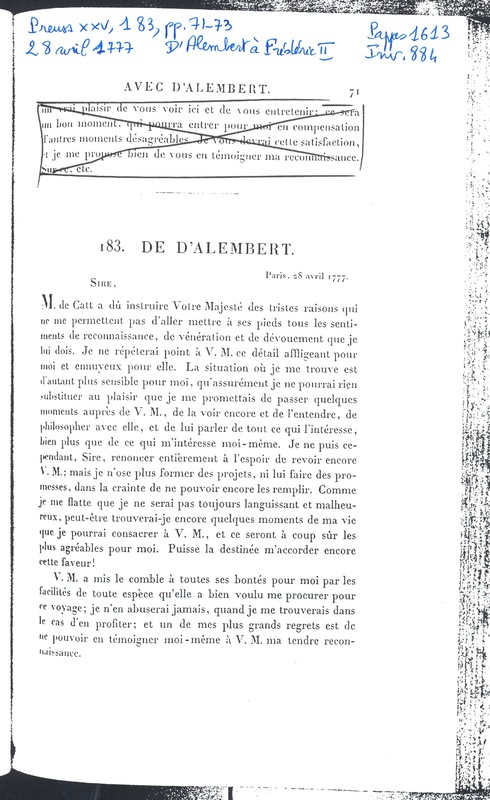 Lettre de D'Alembert à Frédéric II, 28 avril 1777 Lettre de D'Alembert à Frédéric II, 28 avril 1777