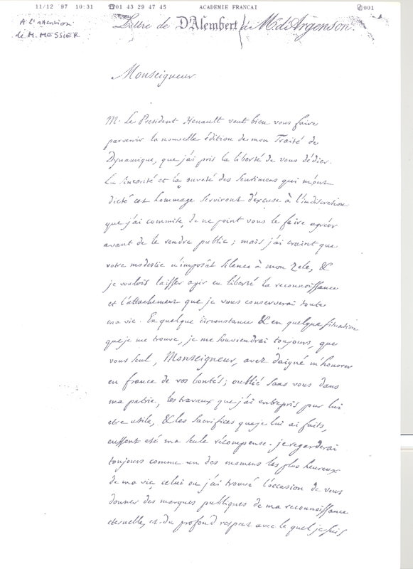 Lettre de D'Alembert à Argenson Marc Pierre, 18 mai 1758 Lettre de D'Alembert à Argenson Marc Pierre, 18 mai 1758