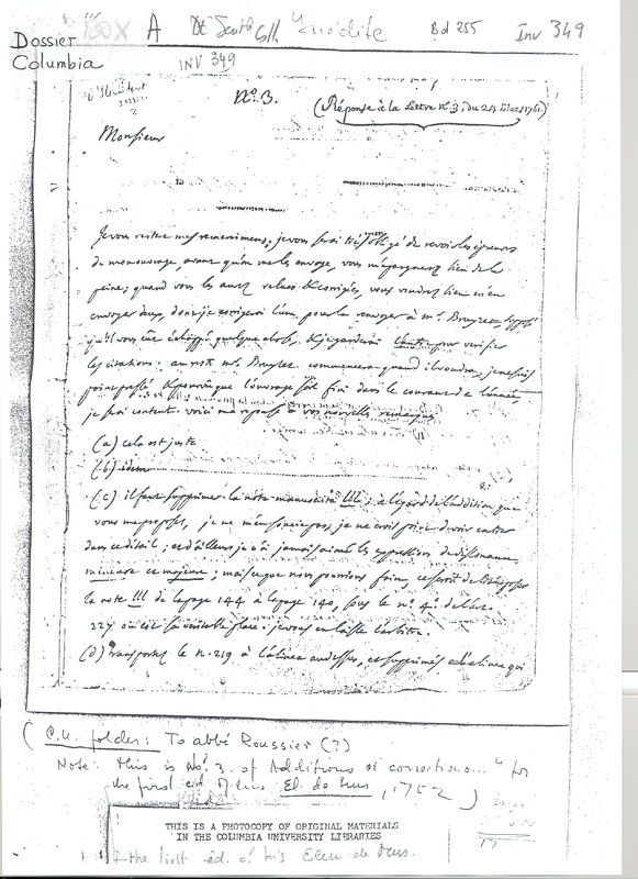 Lettre de D'Alembert à Roussier, mars 1761 Lettre de D'Alembert à Roussier, mars 1761