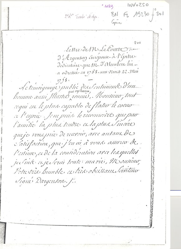 Lettre de Argenson Marc Pierre à D'Alembert, 22 mai 1758 Lettre de Argenson Marc Pierre à D'Alembert, 22 mai 1758